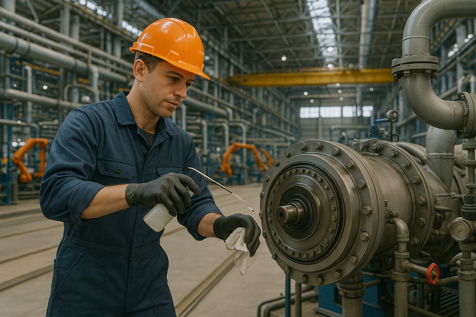 Manuelle Maschinenpflege und Industriereinigung in der Werkstatt.