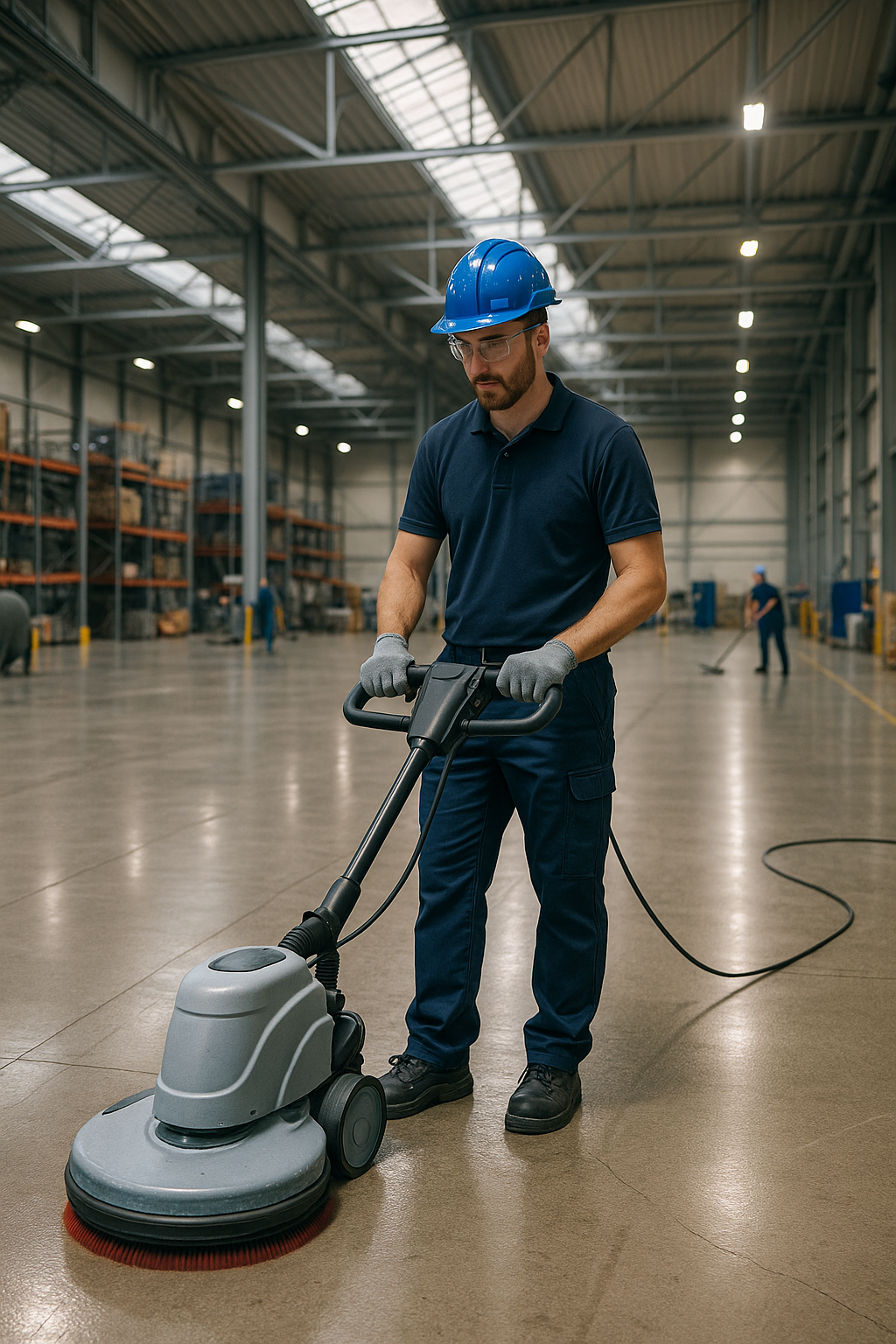 Experten bei der Hallenreinigung in einem großen Logistikzentrum.