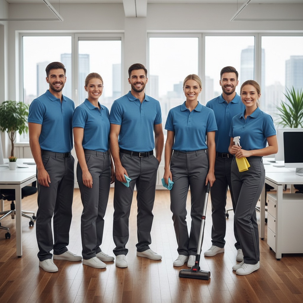 Ein Reinigungsteam aus sechs Personen steht lächelnd in einem modernen Büro vor großen Fenstern.