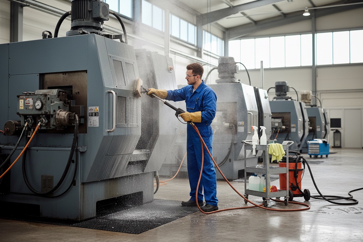 Ein Arbeiter in blauer Arbeitskleidung reinigt eine große Industriemaschine in einer Werkhalle mit einem Hochdruckreiniger.