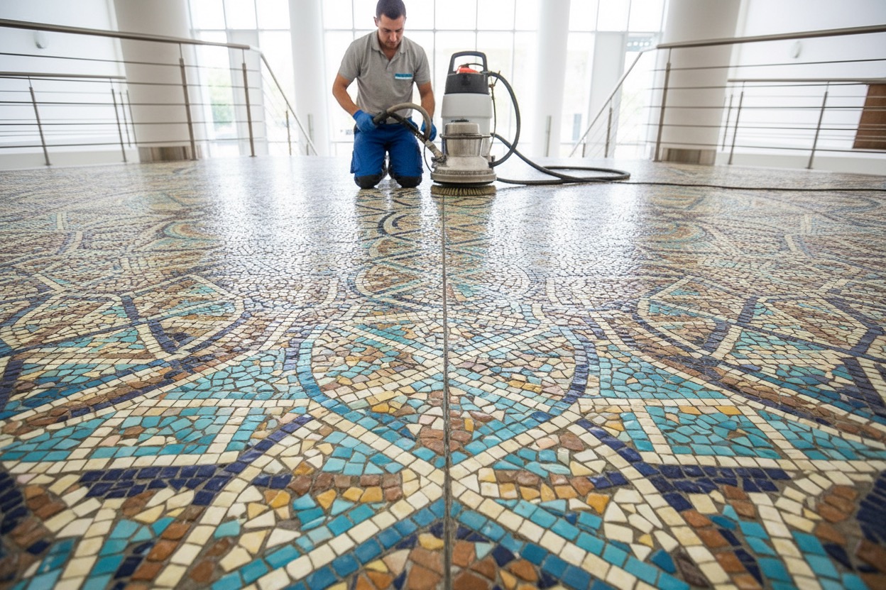 Ein Reinigungskraft kniet auf einem großflächigen, ornamentalen Mosaikboden und bedient eine Poliermaschine.