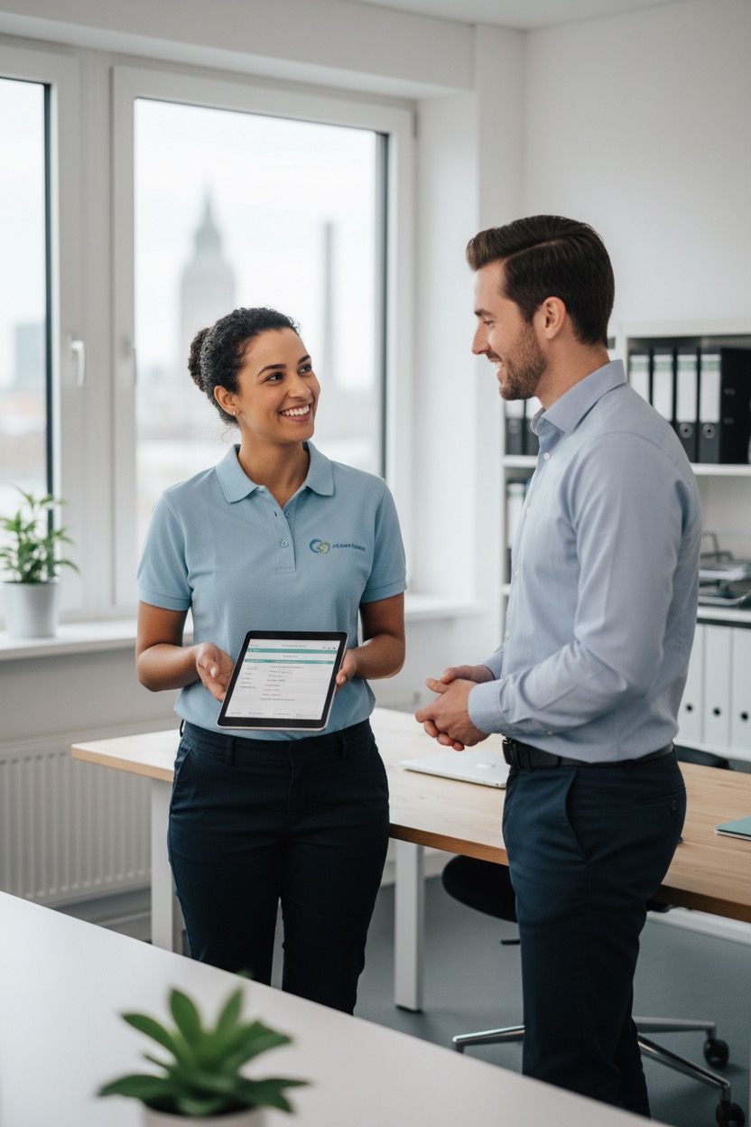 Eine Frau zeigt einem Mann im Büro ein Tablet mit einer App, während beide freundlich miteinander sprechen.