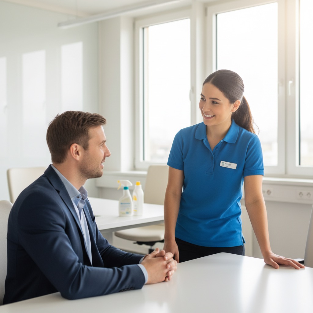 Eine freundliche Reinigungskraft in blauer Arbeitskleidung unterhält sich mit einem Geschäftsmann in einem hellen Büro.