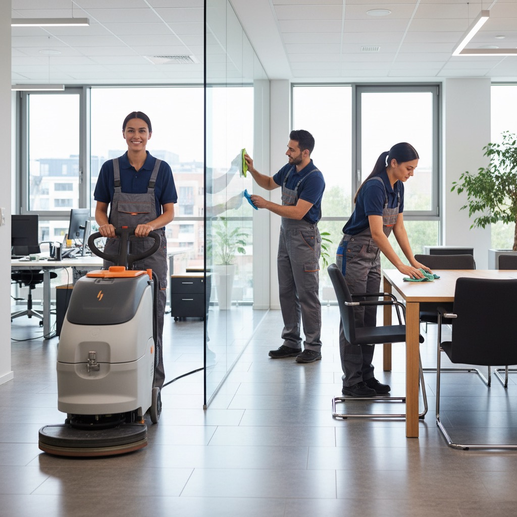 Drei Reinigungskräfte in Arbeitskleidung säubern ein modernes Großraumbüro, während eine Frau im Vordergrund eine Bodenreinigungsmaschine bedient.