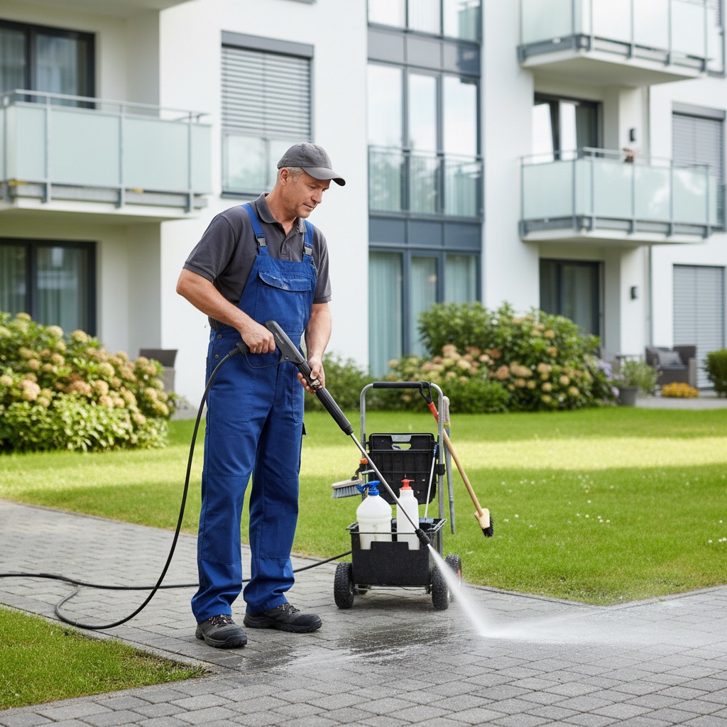 Ein Handwerker in blauer Latzhose reinigt mit einem Hochdruckreiniger den gepflasterten Weg vor einem modernen Wohnhaus.