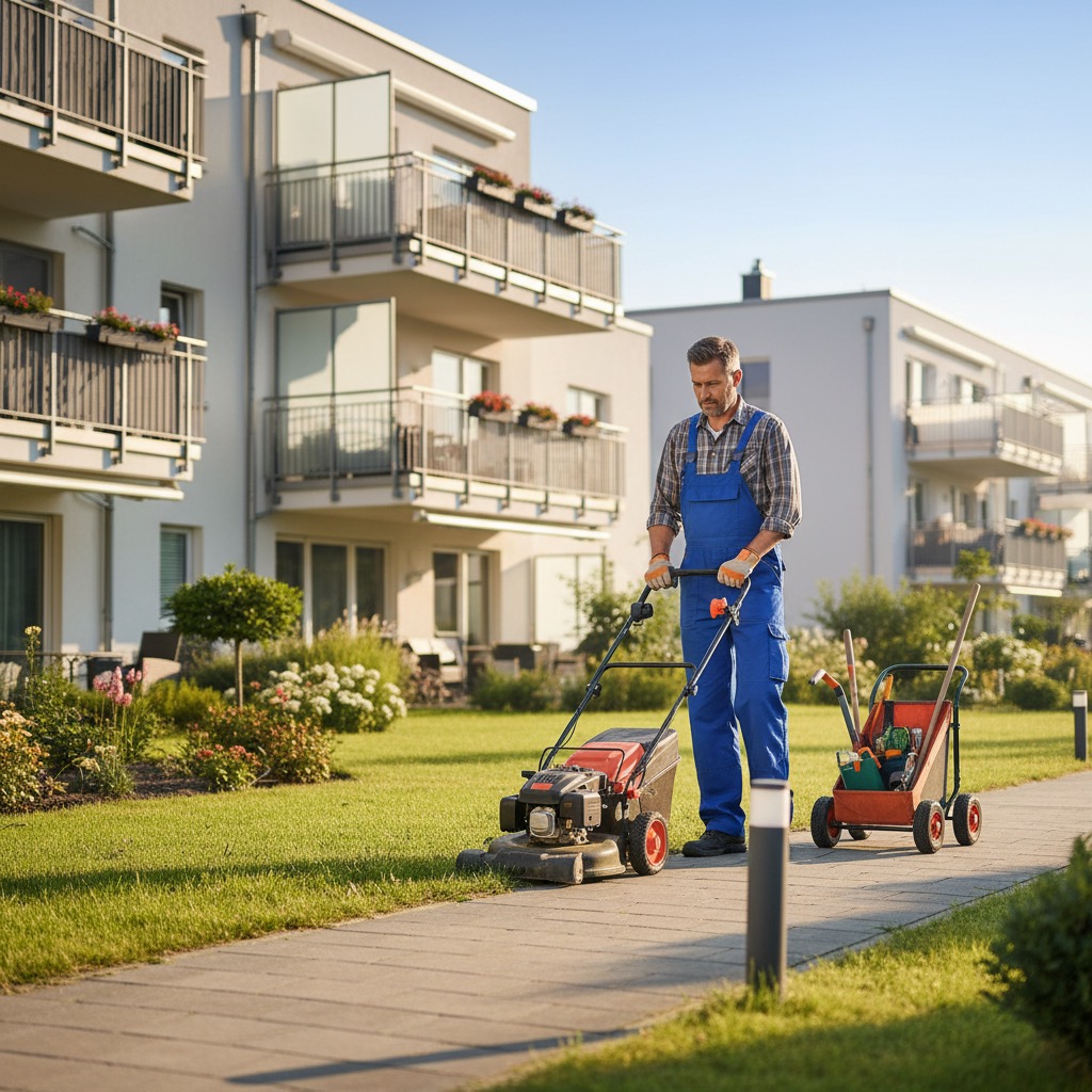 Ein Gärtner in blauer Latzhose mäht mit einem Rasenmäher den Rasen vor einem modernen Mehrfamilienhaus, während ein Handwagen mit Gartengeräten neben ihm auf dem Weg steht.